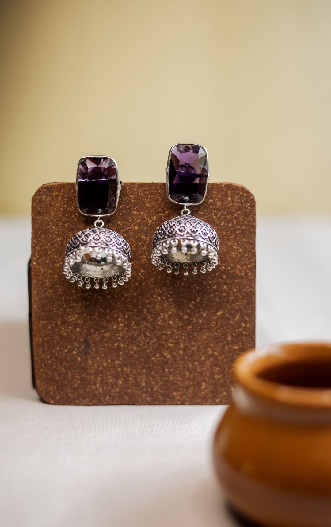 Oxidised Rectangle Stone Jhumka- Purple 9(B)