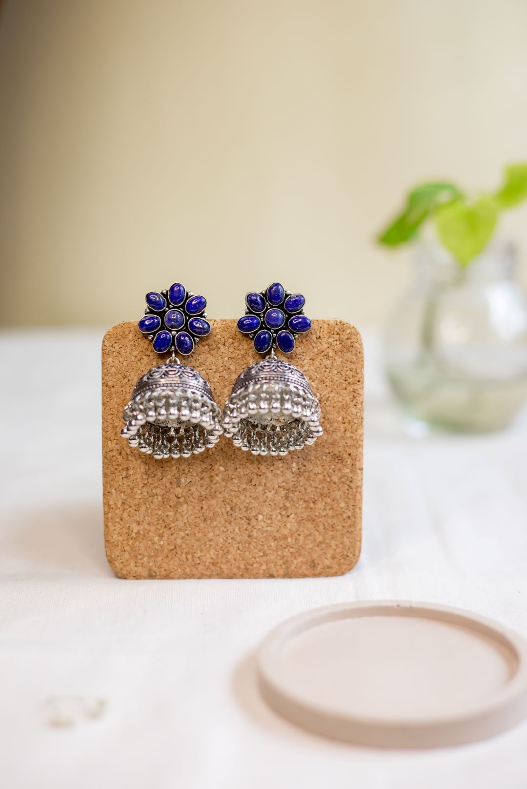 Oxidised Flower Stud Stone Jhumka- Dark Blue