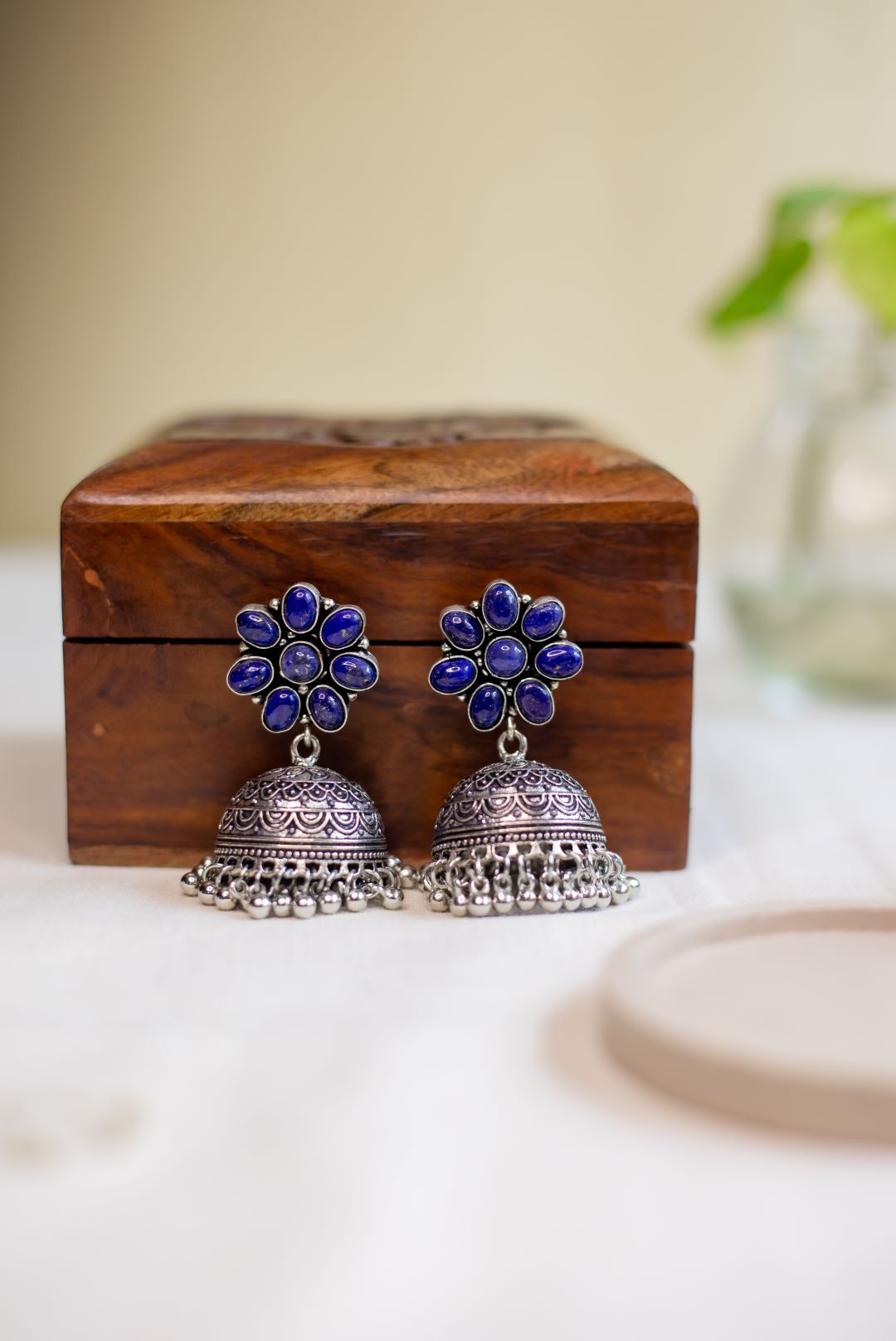 Oxidised Flower Stud Stone Jhumka- Dark Blue