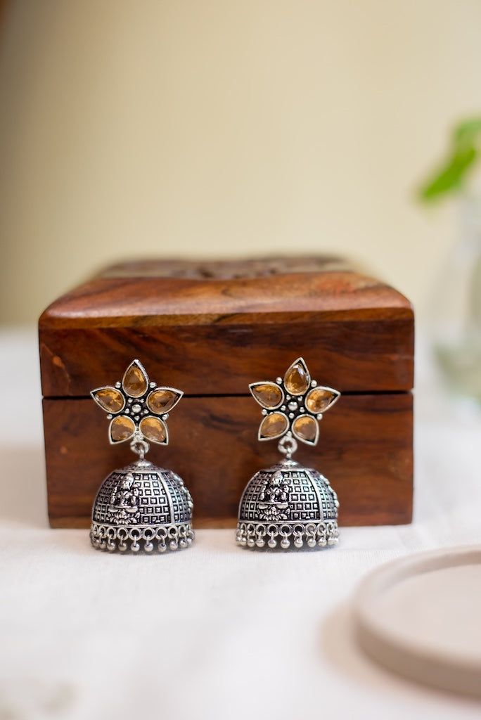 Oxidised Flower Stud Stone Jhumka - Golden 11(B)