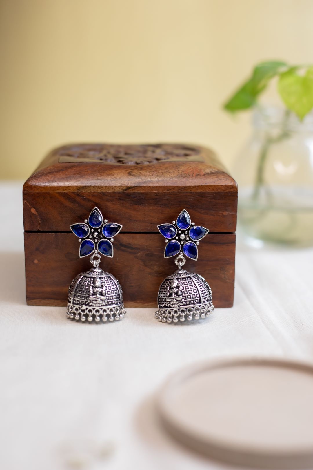 German Silver Stone Jhumka- Flower stud with big jhumka-11(A)
