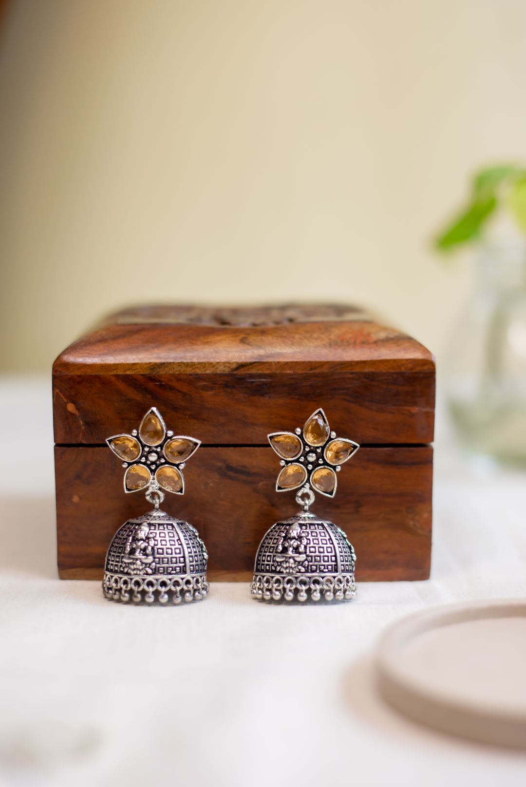 German Silver Stone Jhumka- Flower stud with big jhumka