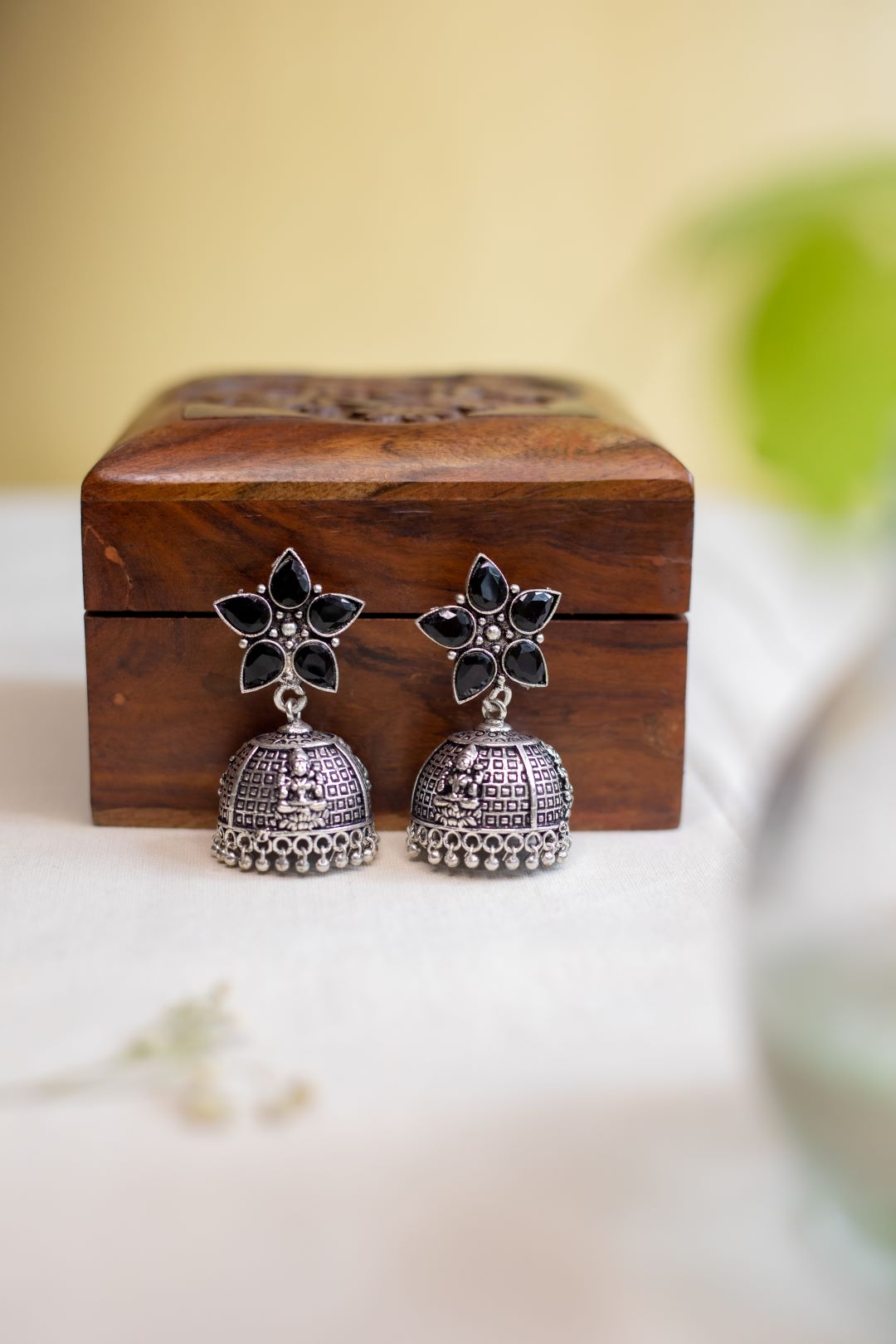 Oxidised Flower Stud Stone Jhumka - Black 11(C)