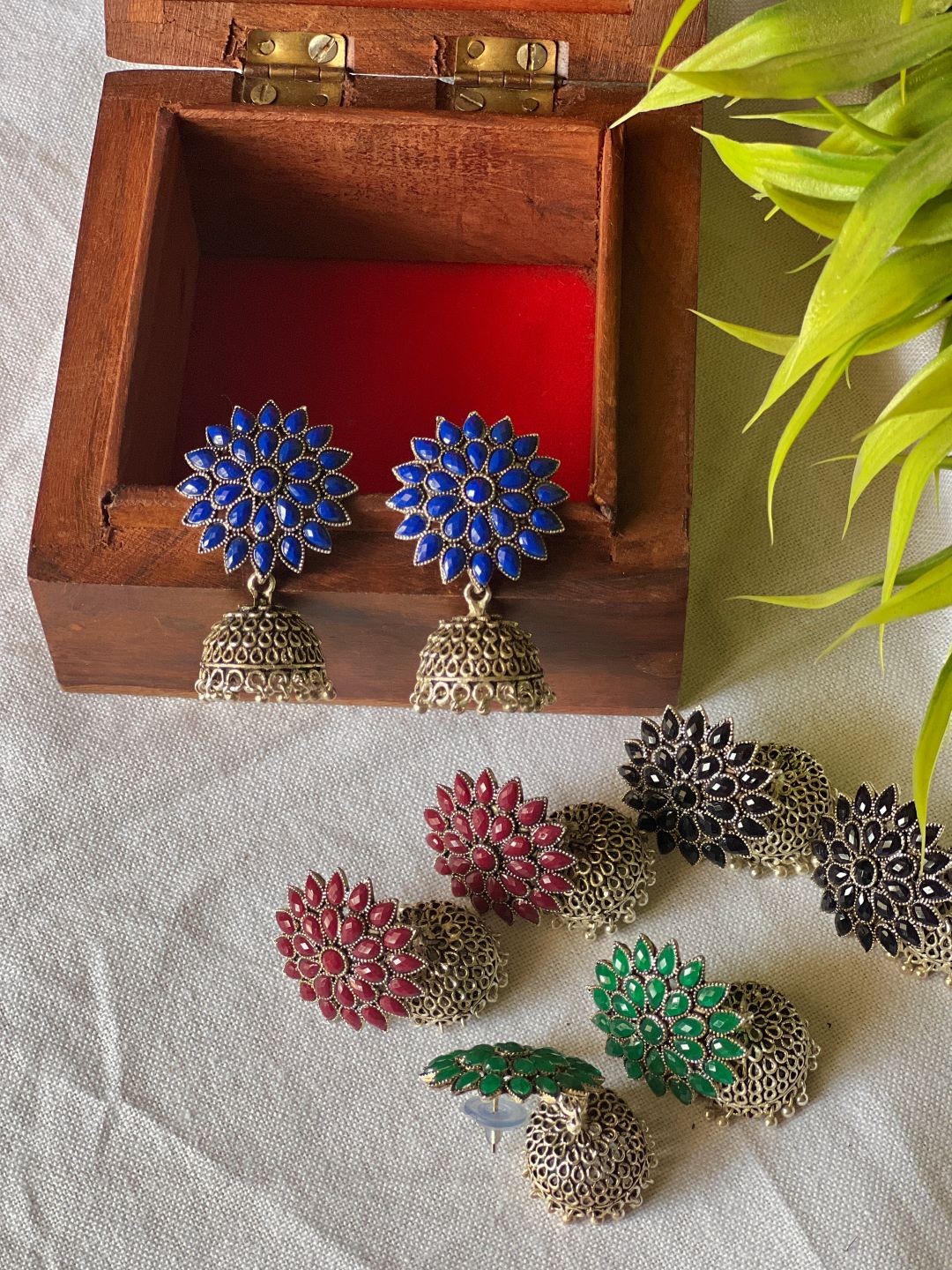 Oxidised Flower Stud Small Jhumka - Dark Blue 12(B)