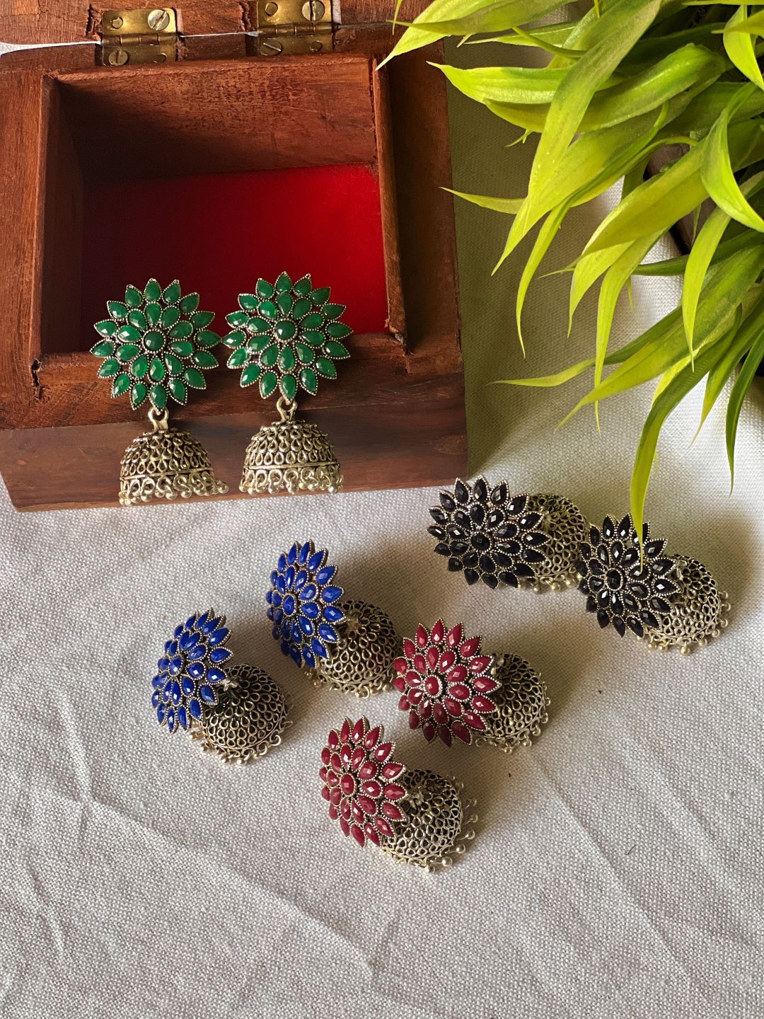 Oxidised Flower Stud Small Jhumka - Green 12(C)