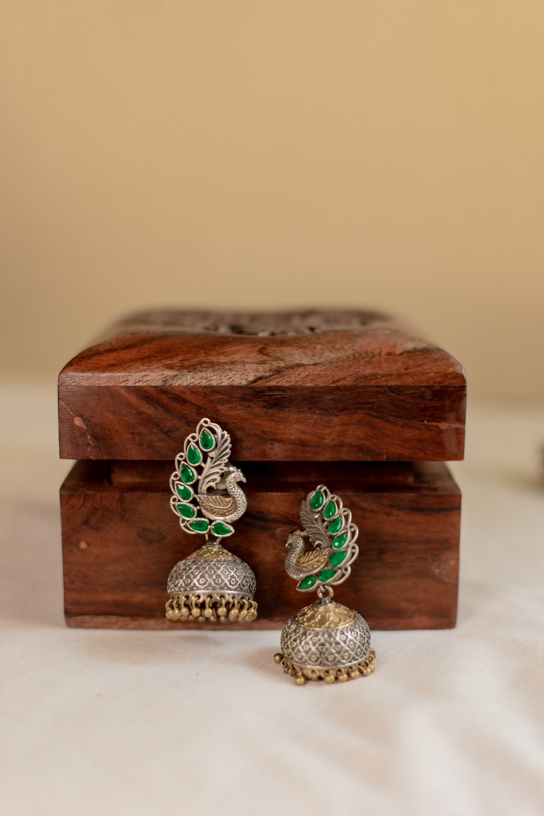Dual Tone Peacock Stud Jhumka- Green 13A