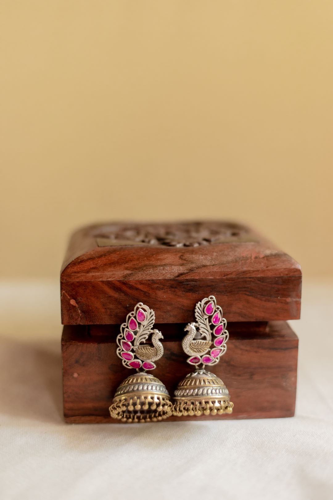 Dual Tone Peacock Stud Jhumka- Red 13B