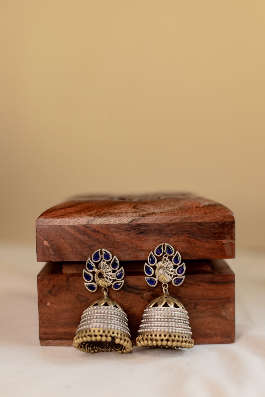 Dual Tone Peacock Feather Stud Jhumka- Navy Blue 13C