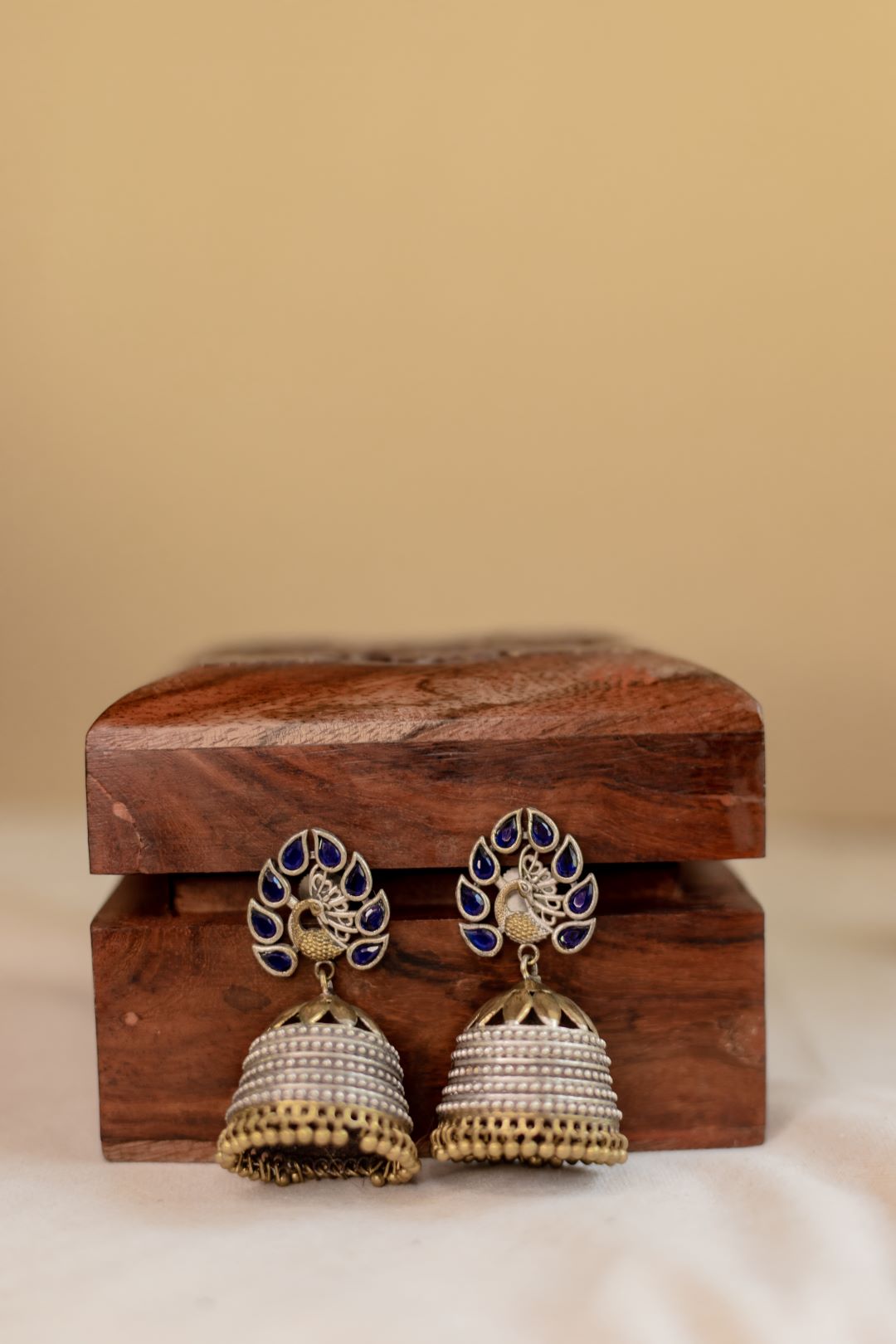 Dual Tone Peacock Feather Stud Jhumka- Navy Blue 13C