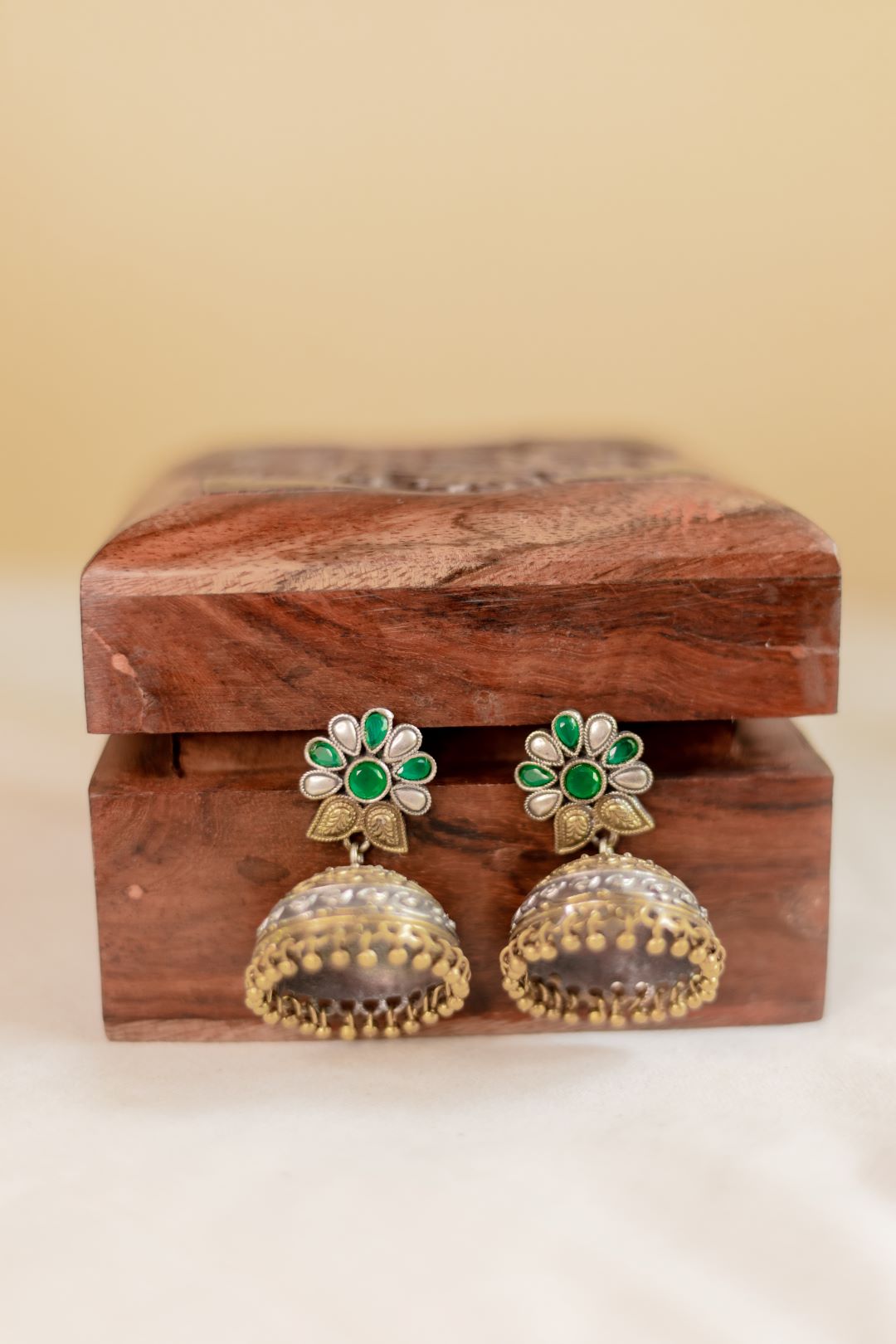 Dual Tone Flower Stud Jhumka- Green 13D