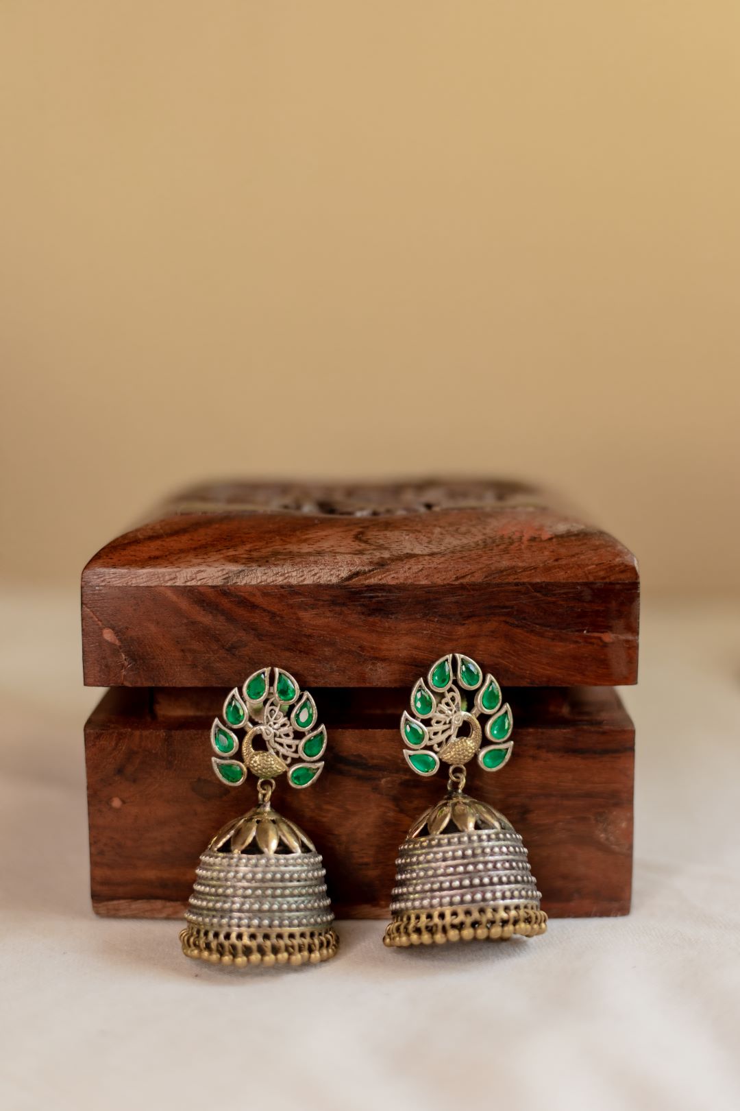 Dual Tone Peacock Stone Feather like stud with Medium jhumka-13E