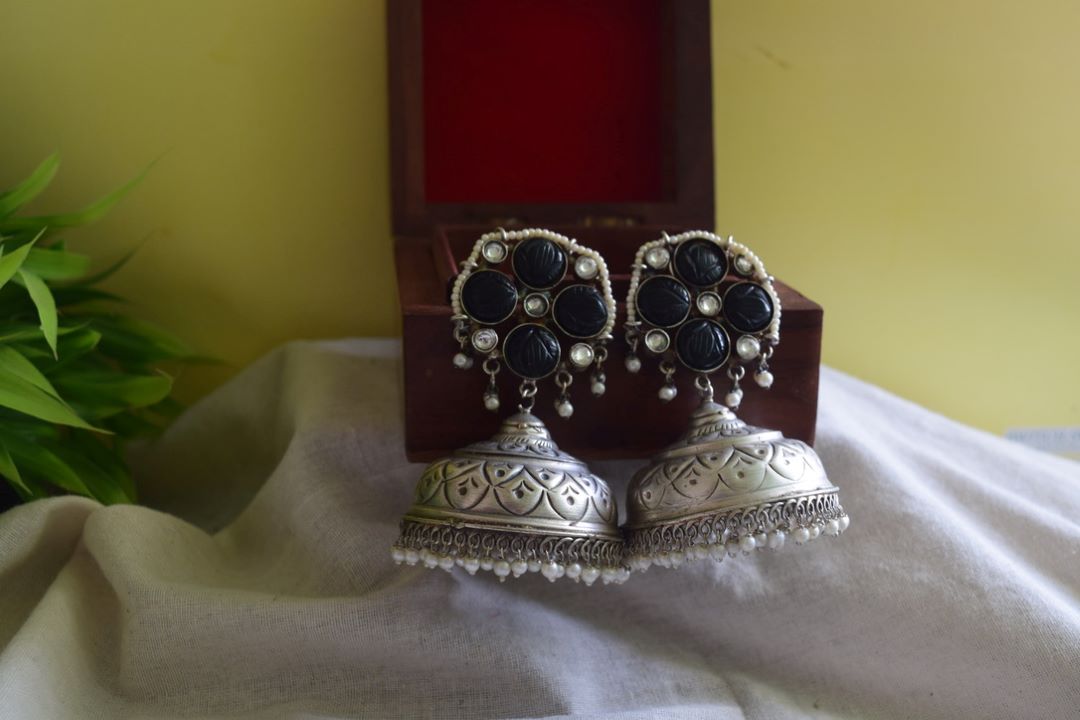 Silver Look Alike Statement Flower Jhumka - Black 15A