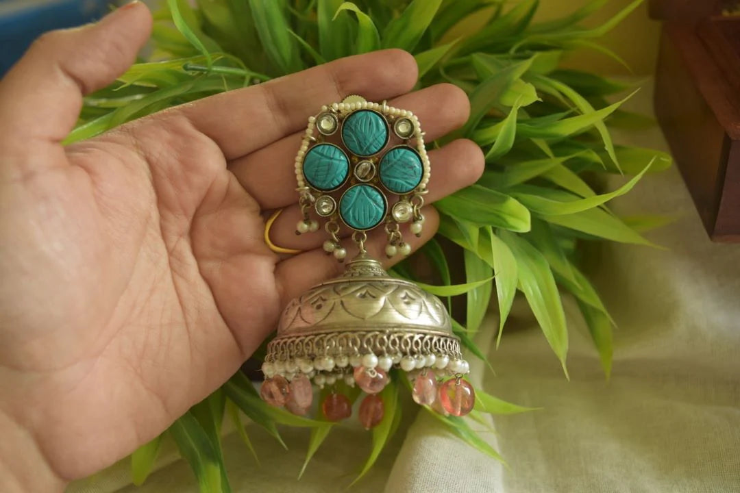 Silver Look Alike Statement Flower Jhumka - Aqua Blue 15B
