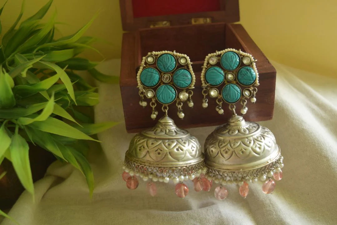 Silver Look Alike Statement Flower Jhumka - Aqua Blue 15B
