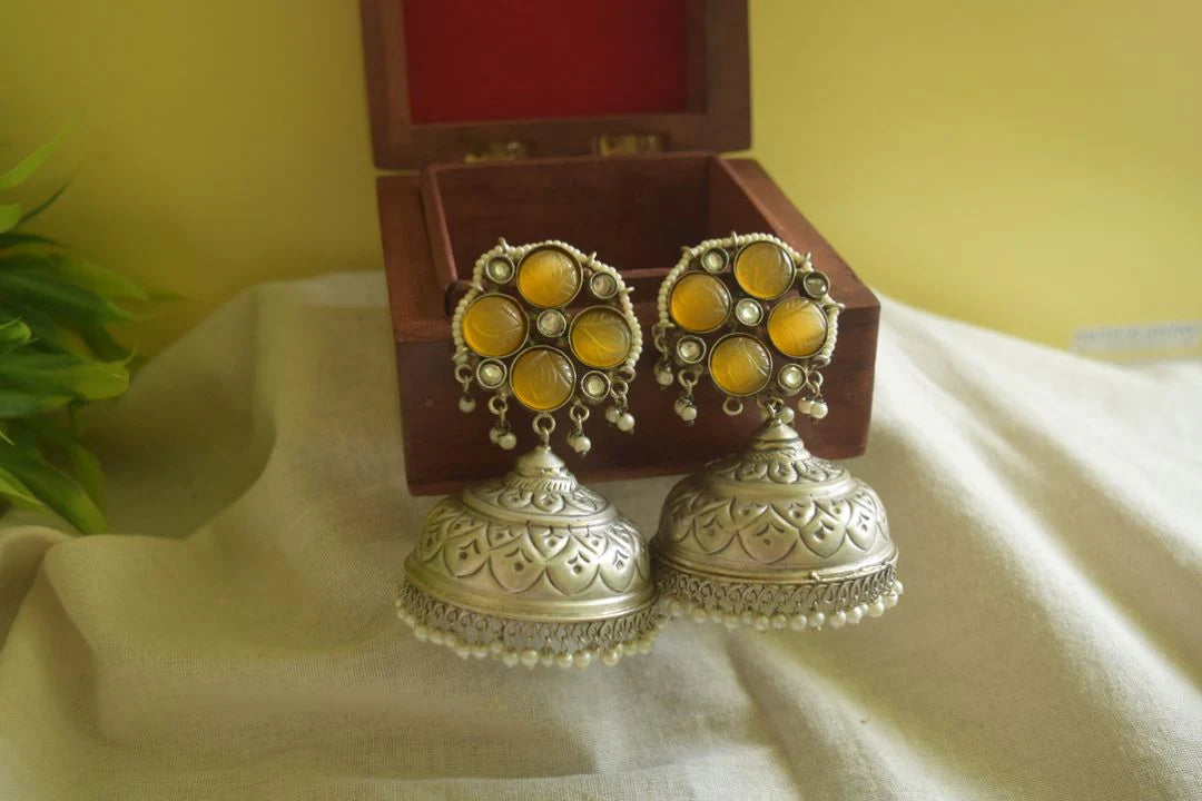 Silver Look Alike Statement Flower Jhumka - Yellow 15C