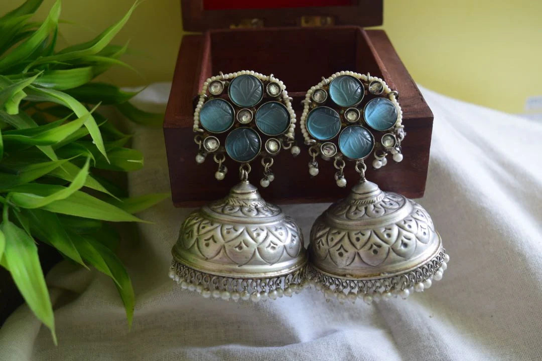 Silver Look Alike Statement Flower Jhumka - Light Blue 15D