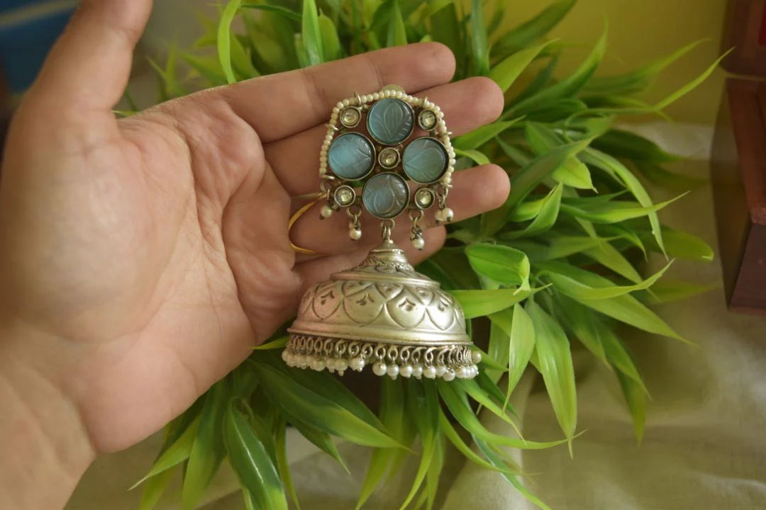 Silver Look Alike Statement Flower Jhumka - Light Blue 15D