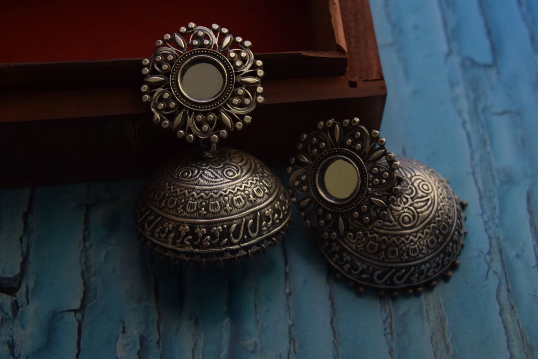 Silver Look Alike Statement Mirror Stud Jhumka