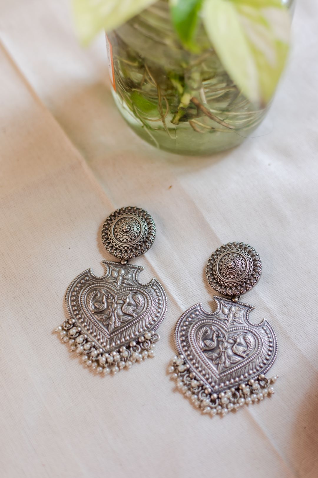 Silver Look Alike Twin Peacock Statement Chandbali