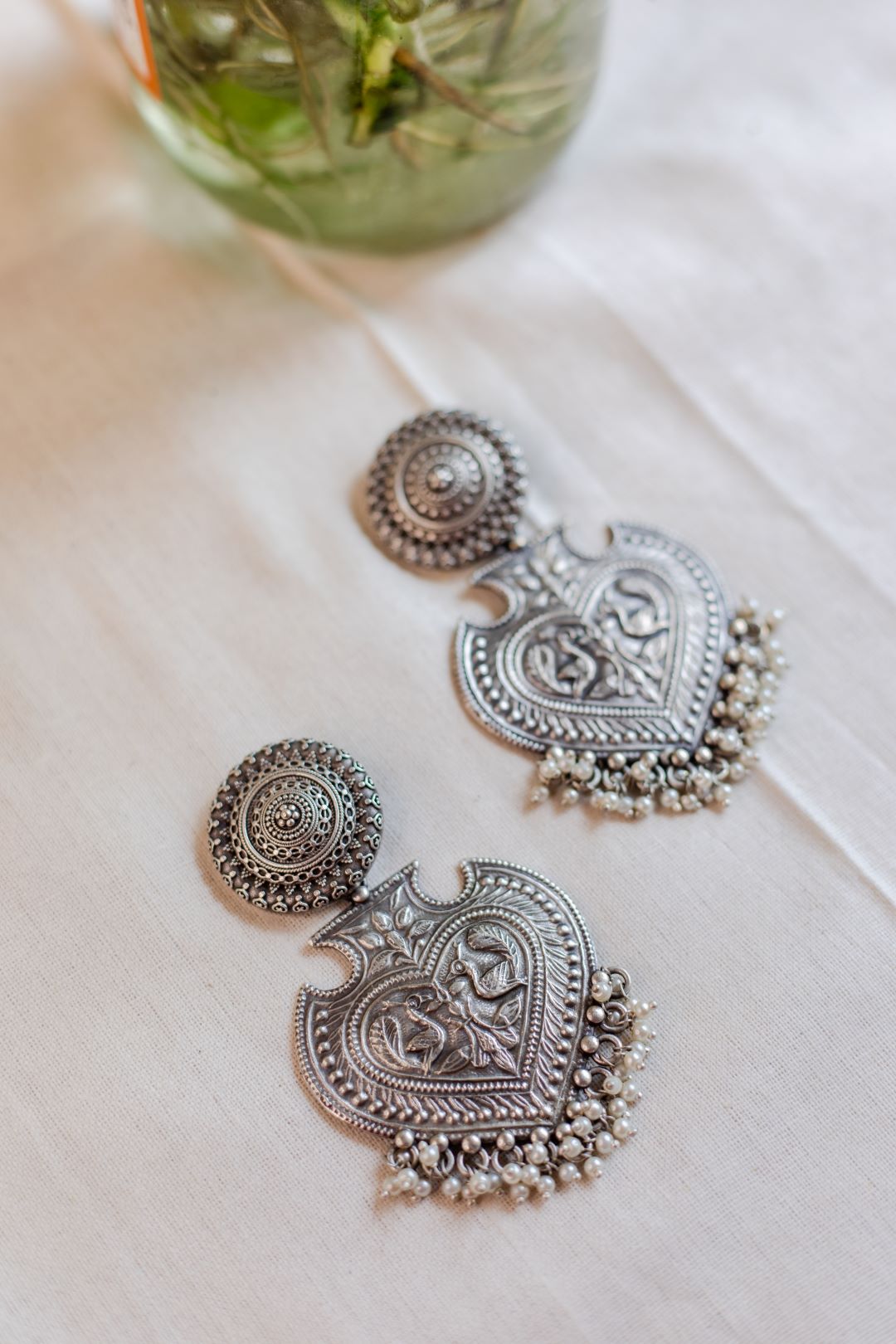 Silver Look Alike Twin Peacock Statement Chandbali