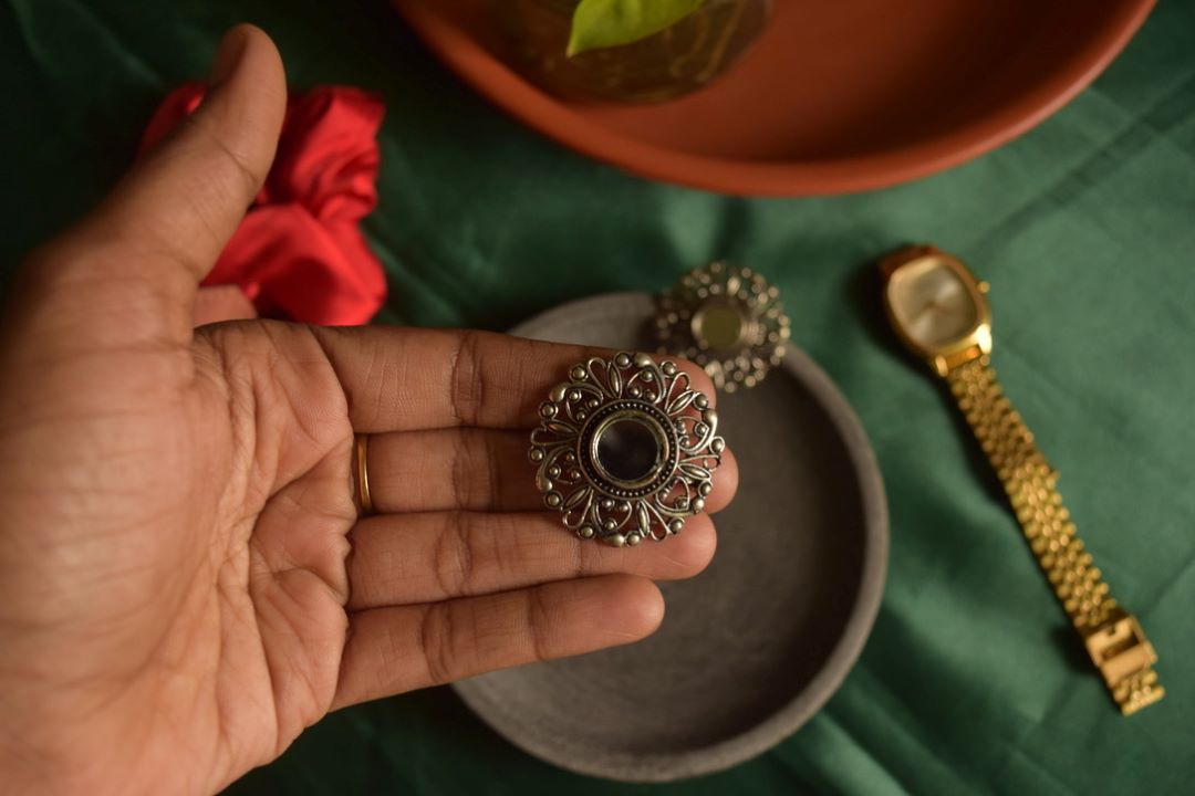 Oxidised Flower Stud With Mirror