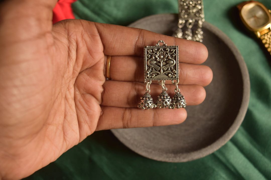 Oxidised Square Type Carving With Tiny Jhumkas