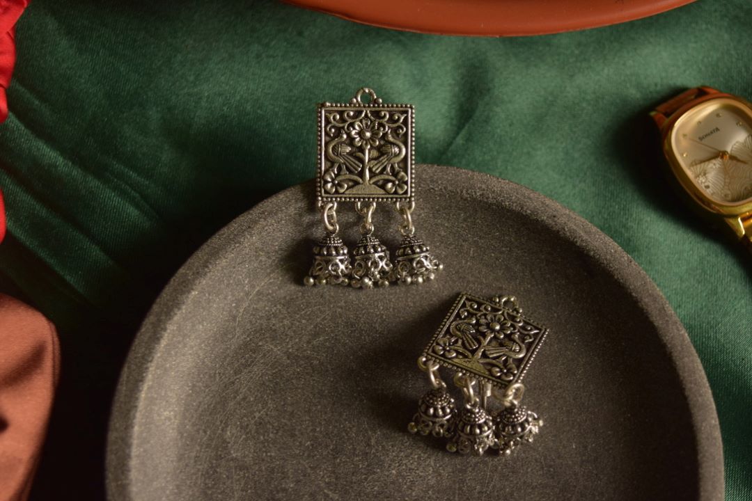 Oxidised Square Type Carving With Tiny Jhumkas