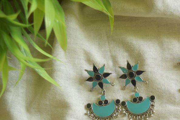 Oxidised Flower Stud With Half Moon Hanging-32B