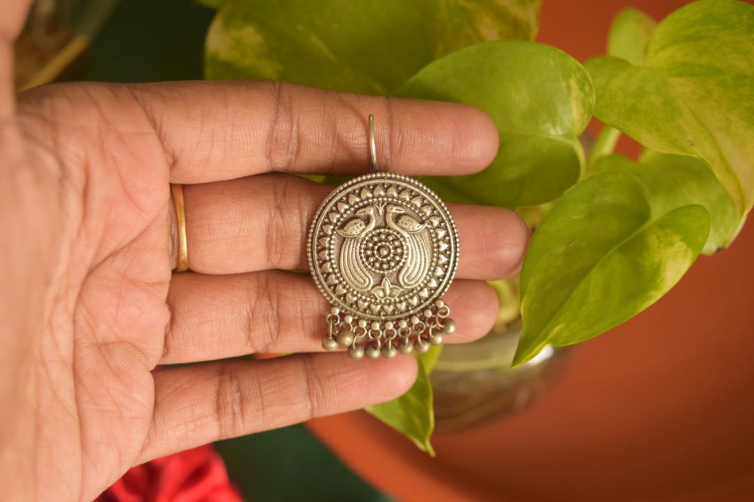 Silver Look Alike carved Peacock Hook Drop - Round