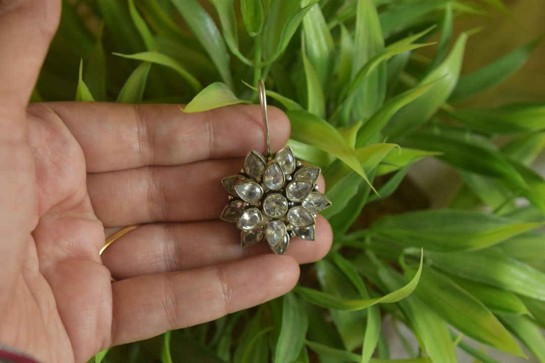 Oxidised Stone Hook Drop Twin Flower-37A