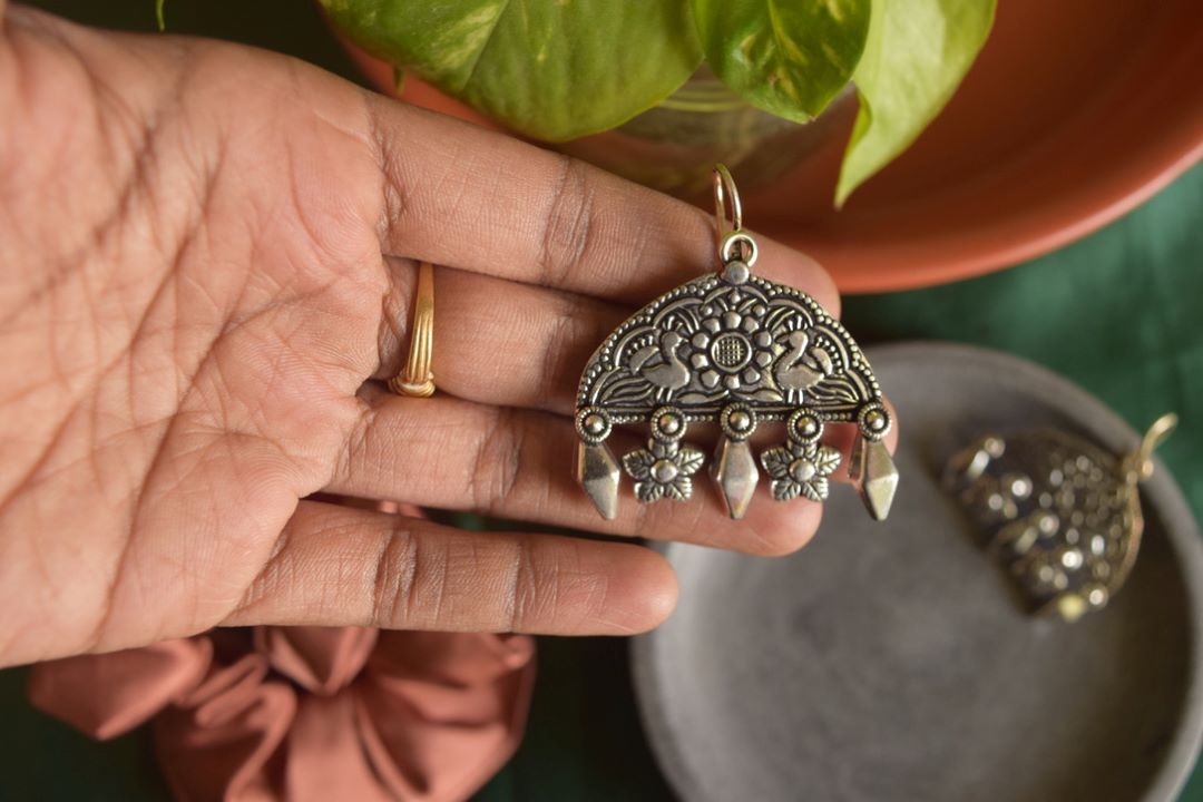 Oxidised Hook Drop Peacock Carving Semi Circle