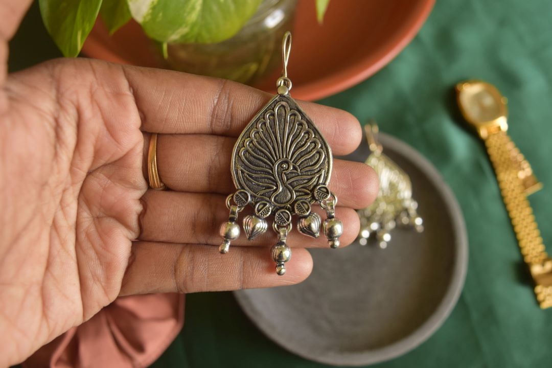 Oxidised Hook Drop Peacock Carving Tear Drop