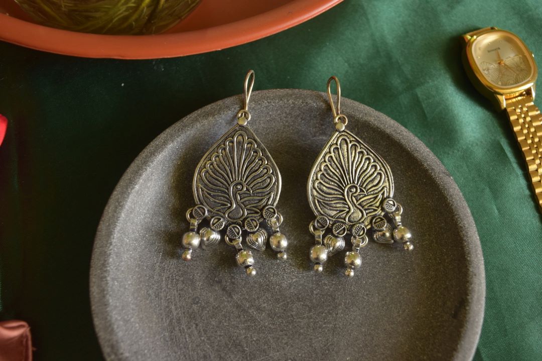 Oxidised Hook Drop Peacock Carving Tear Drop
