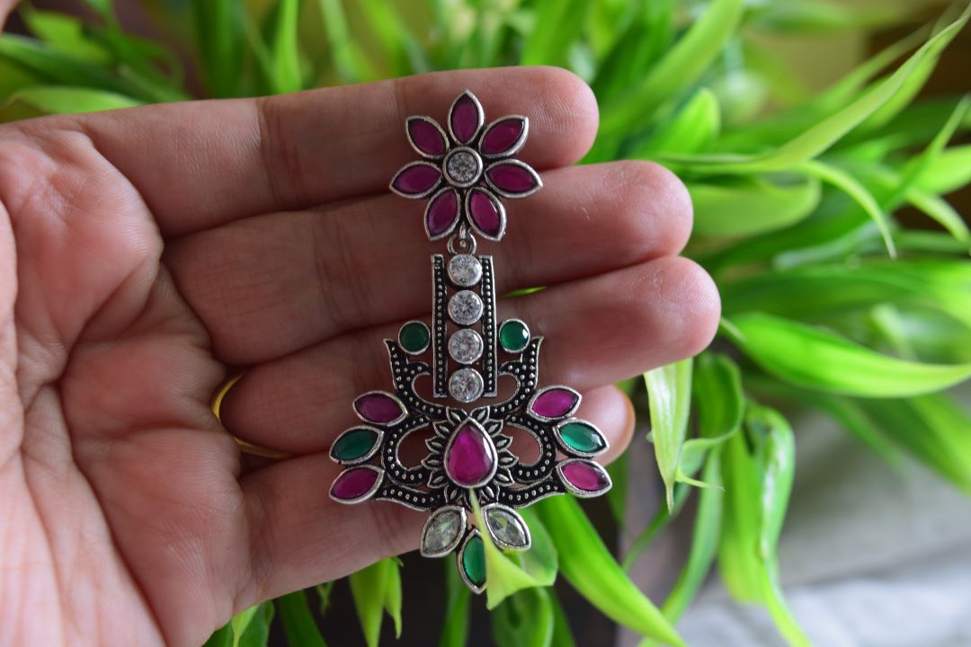 Oxidised Flower Stone Statement Stud -69A