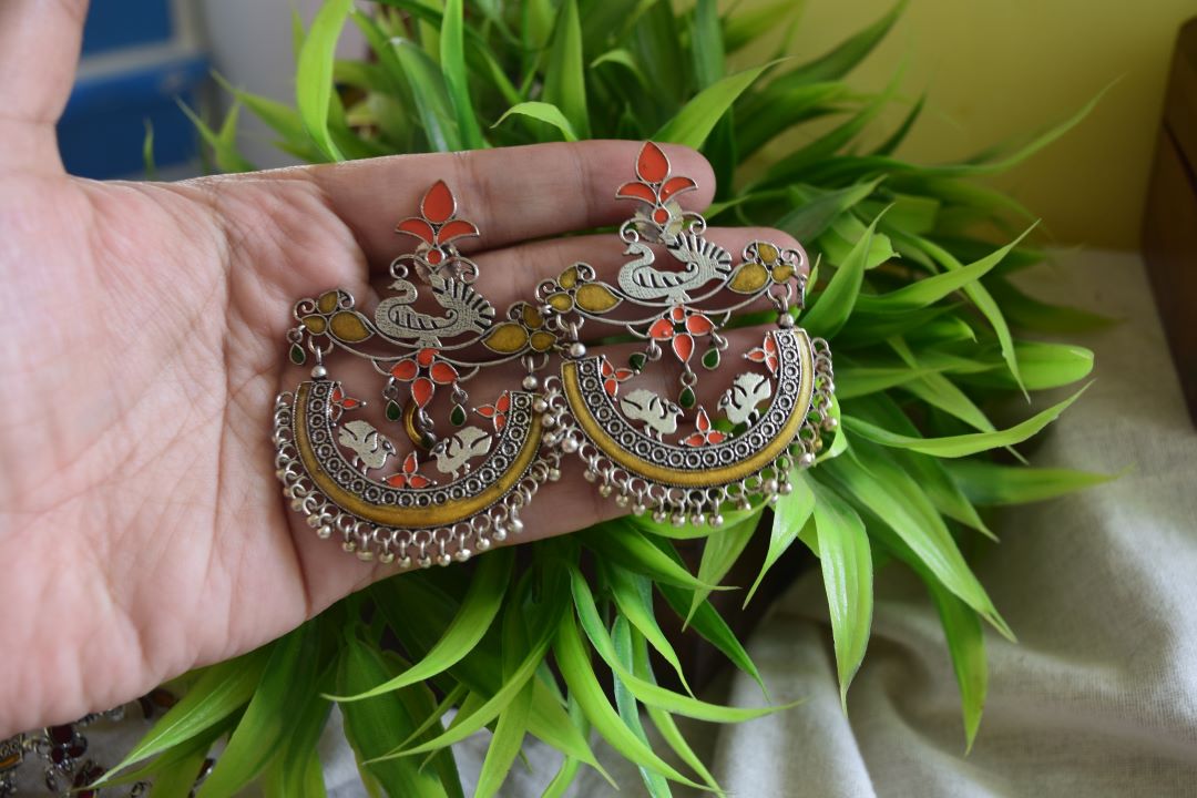 Oxidised Peacock Carving Enamel Chandbali-70C