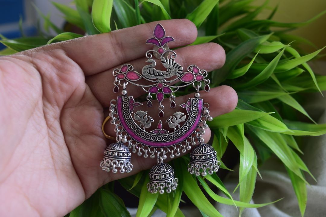 Oxidised Peacock Carving Enamel Chandbali With Jhumka-71A