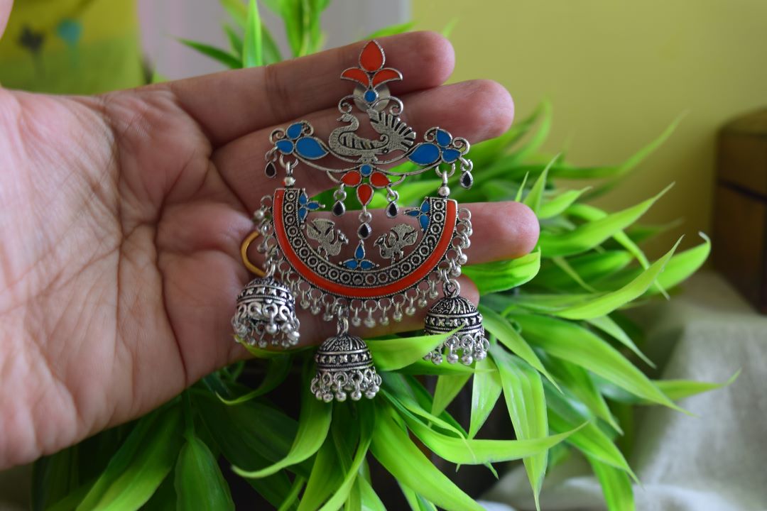 Oxidised Peacock Carving Enamel Chandbali With Jhumka-71B