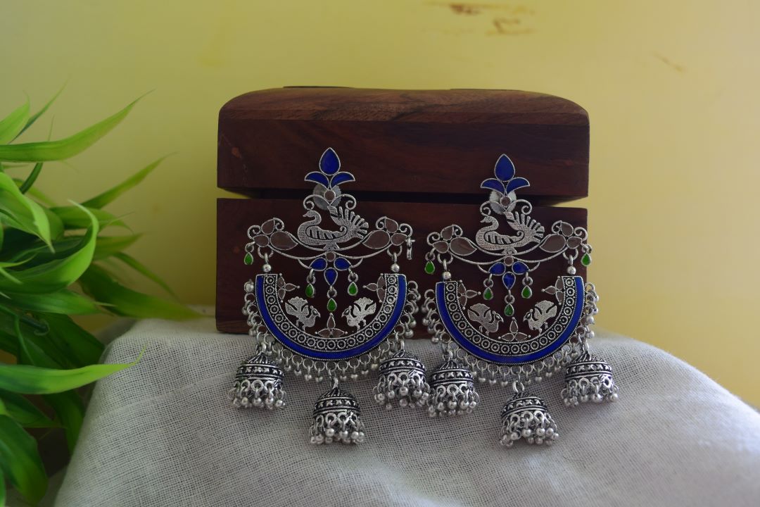 Oxidised Peacock Carving Enamel Chandbali With Jhumka-71D