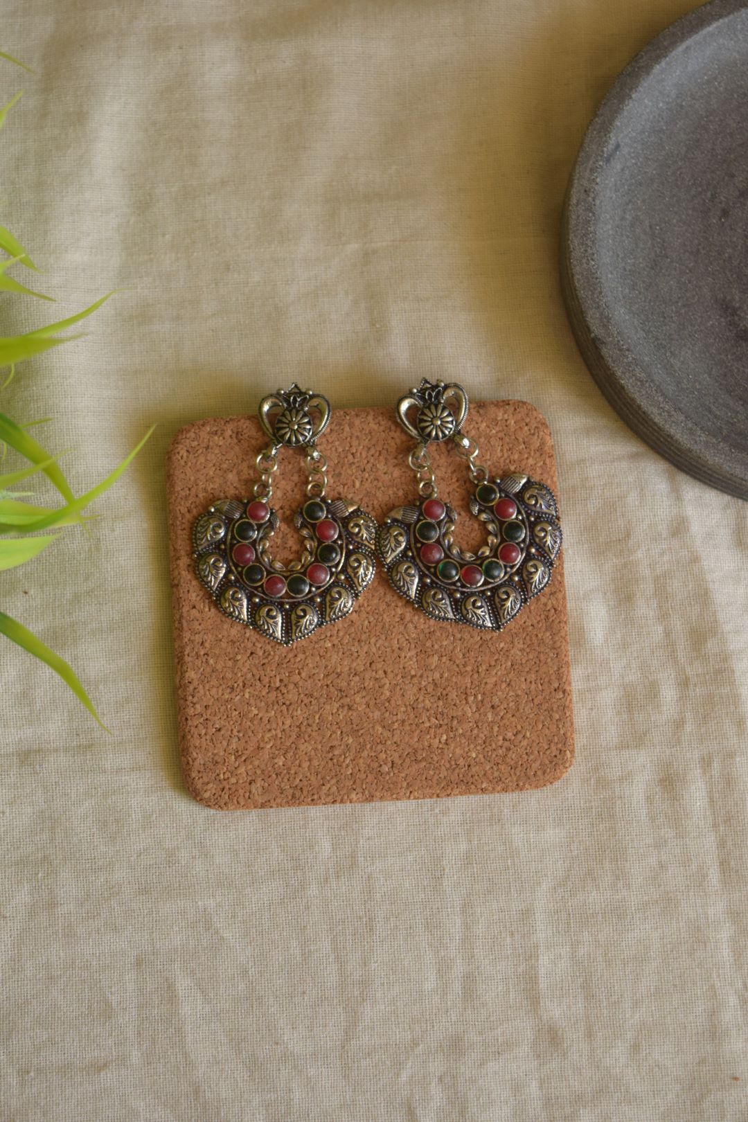 Oxidised Peacock Carving Stone Chandbali-72A