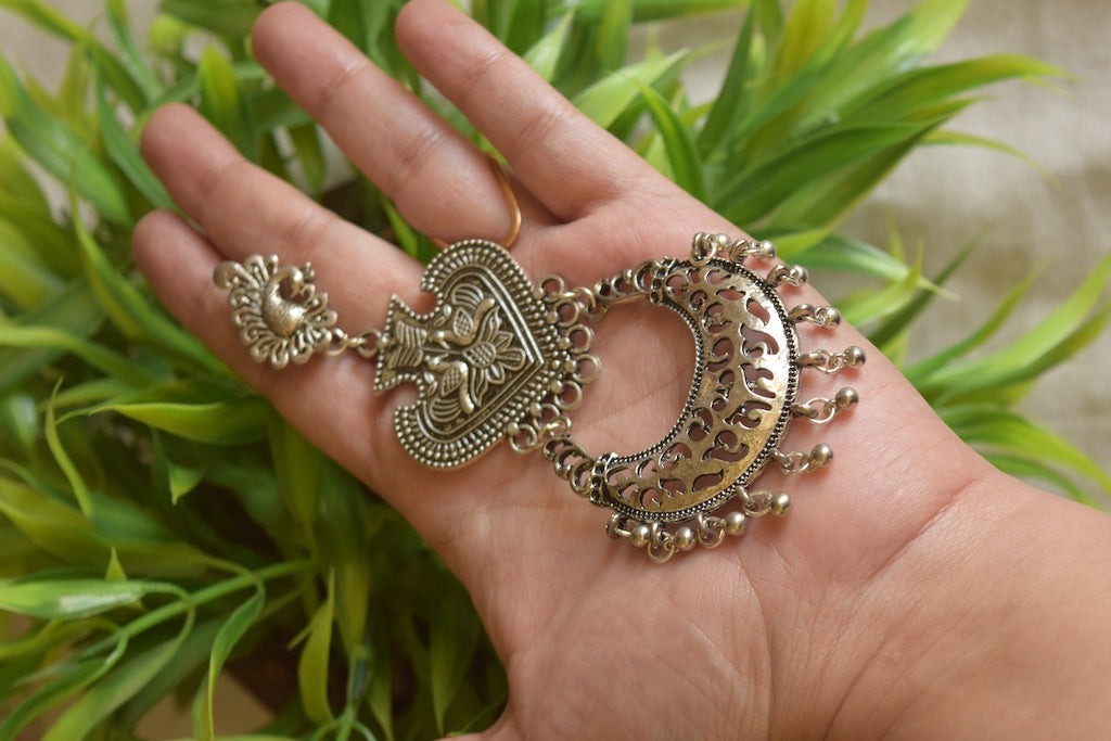 Oxidised Peacock Stud Twin Peacock Carving Chandbali -73C