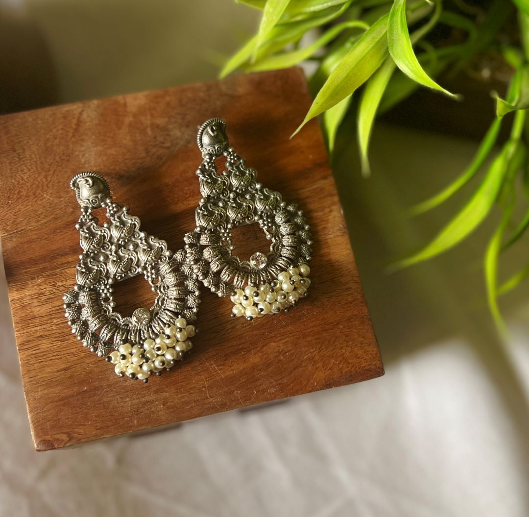 Silver Look Alike Mango Cluster Pearl Chandbali