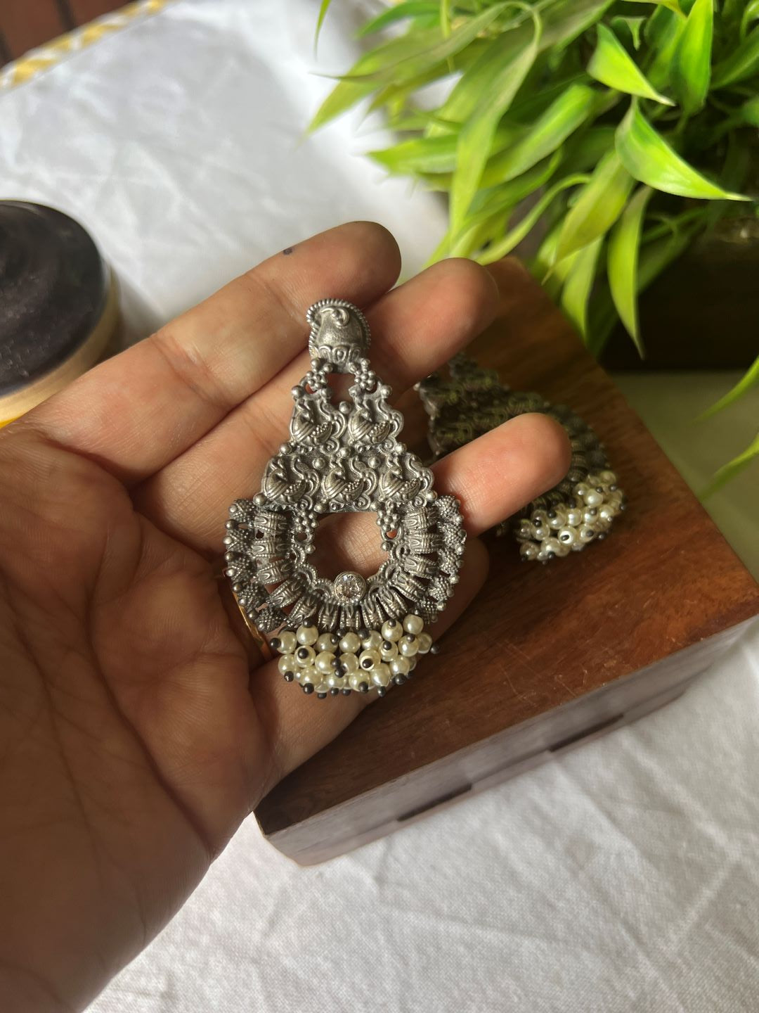 Silver Look Alike Mango Cluster Pearl Chandbali