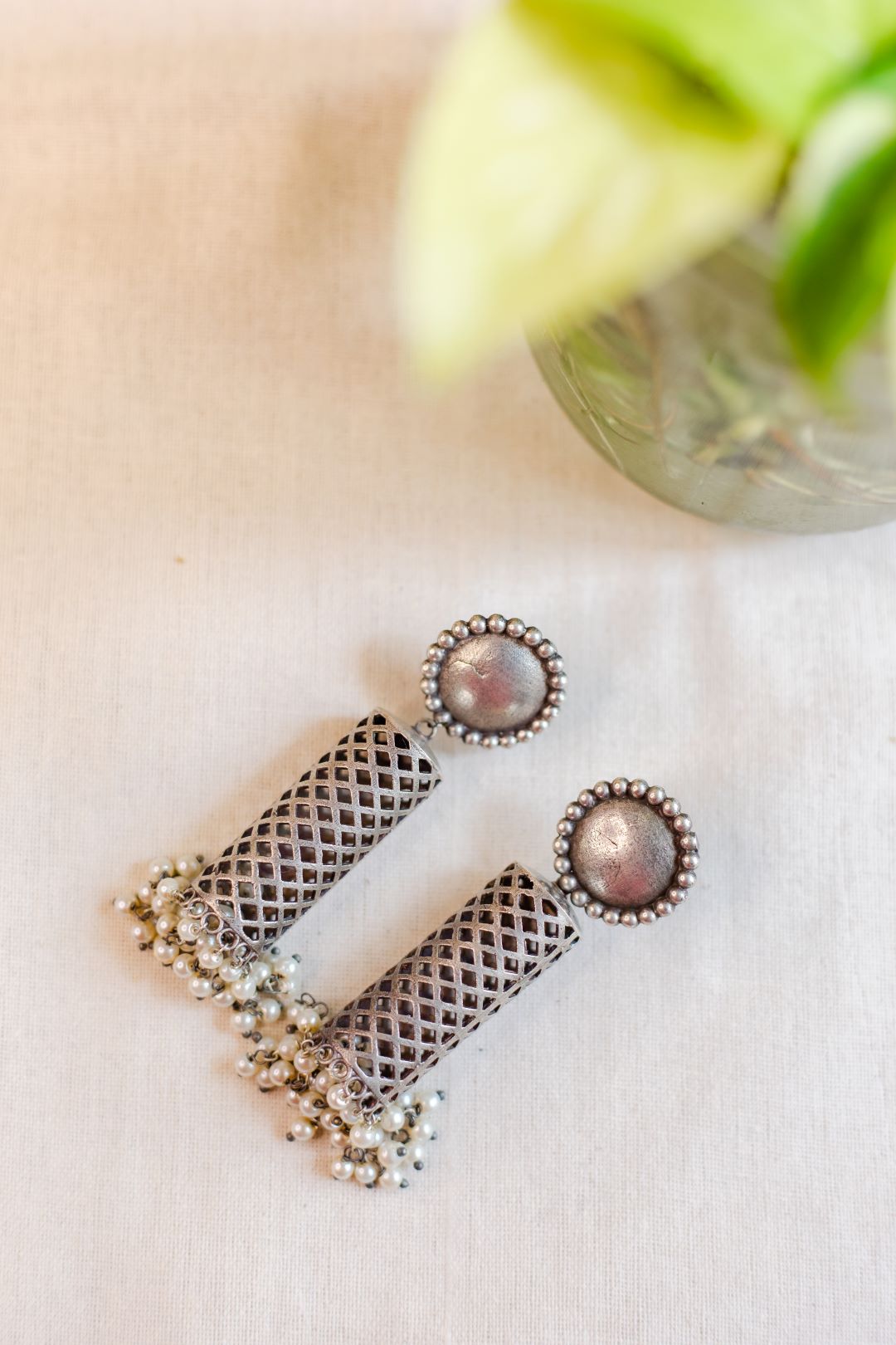 Silver Look Alike Geometric Cylinder Long Earrings