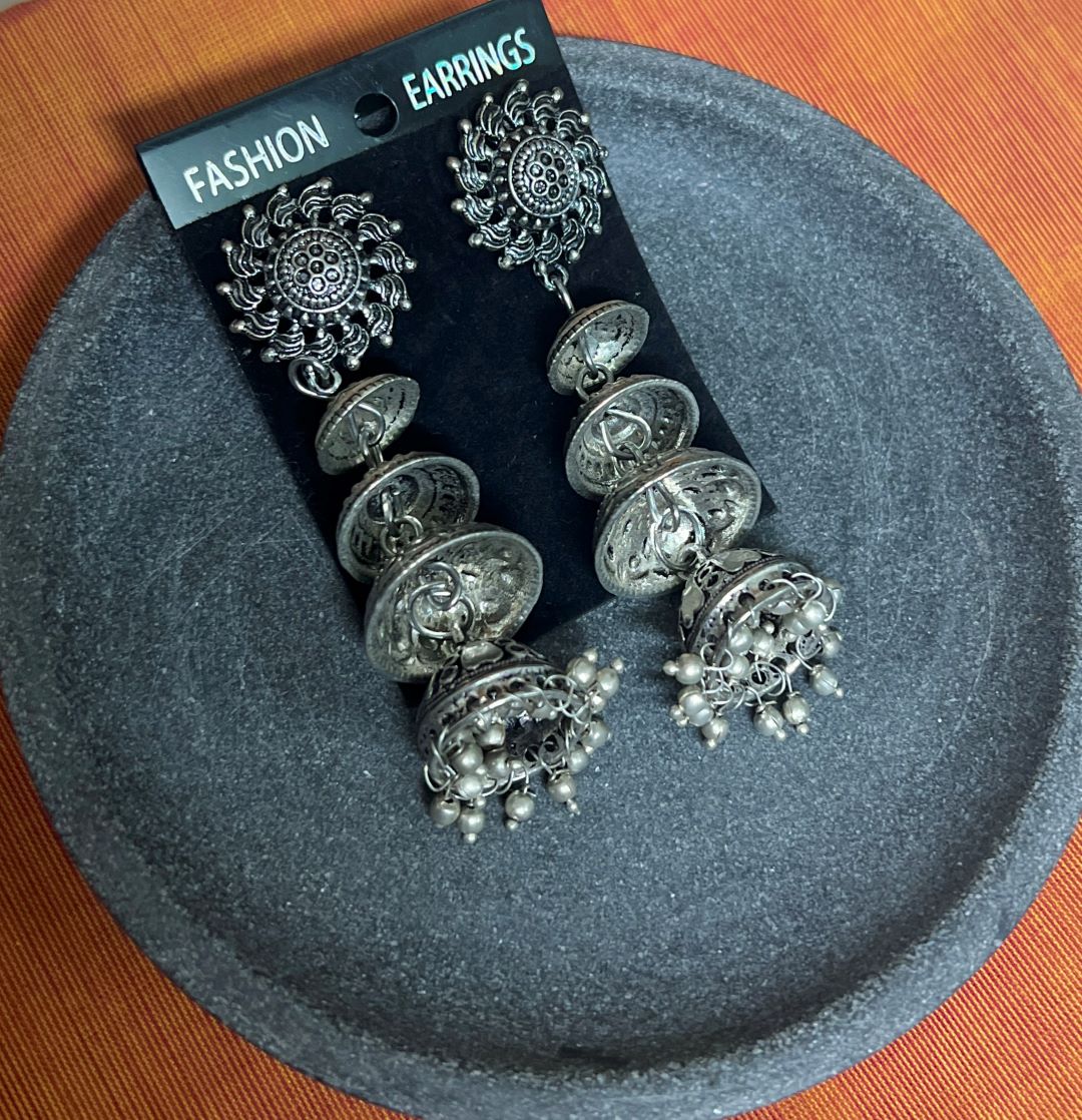 Oxidised Flower Stud With Layered Jhumka Long