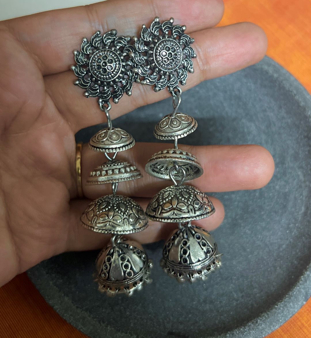 Oxidised Flower Stud With Layered Jhumka Long