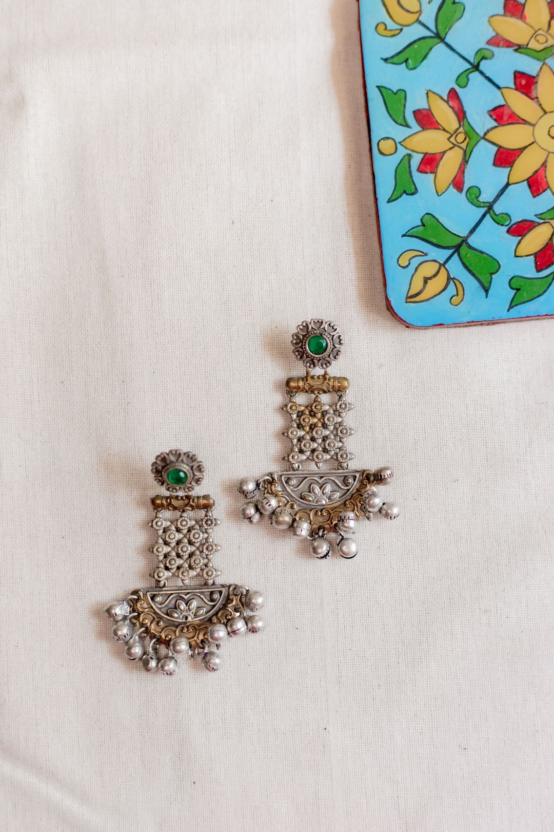 Dual Tone Finish Stone Flower stud half moon chandbali
