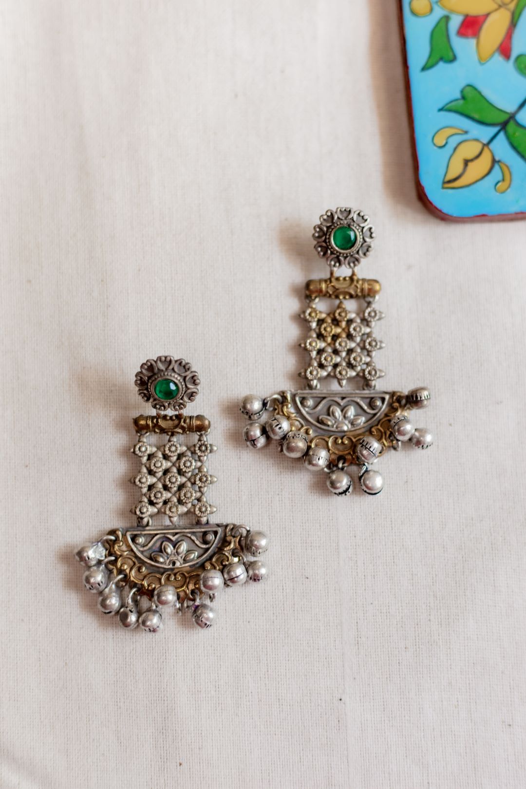 Dual Tone Finish Stone Flower stud half moon chandbali