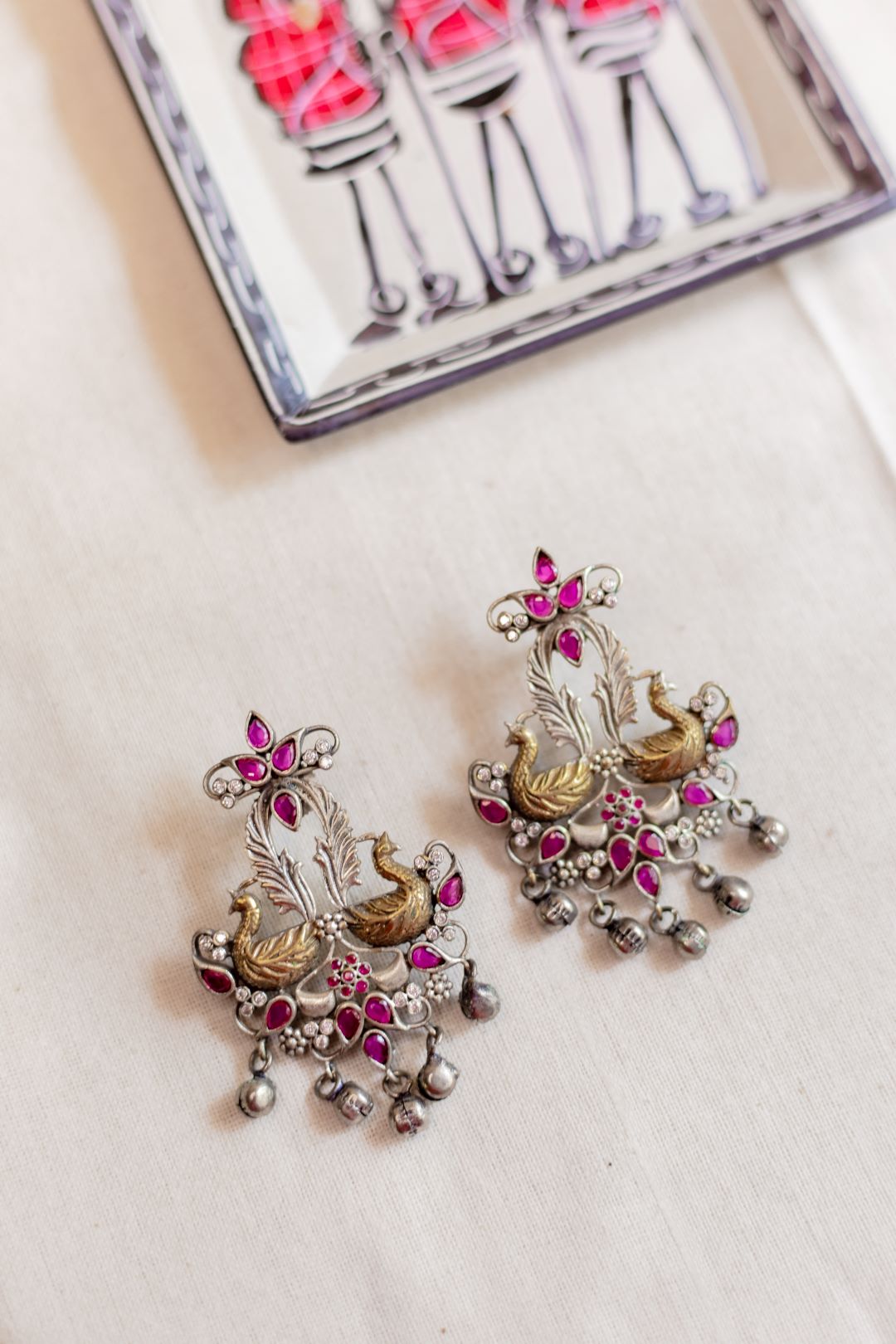 Dual Tone Twin Peacock Ghunghroo Earrings - 107A
