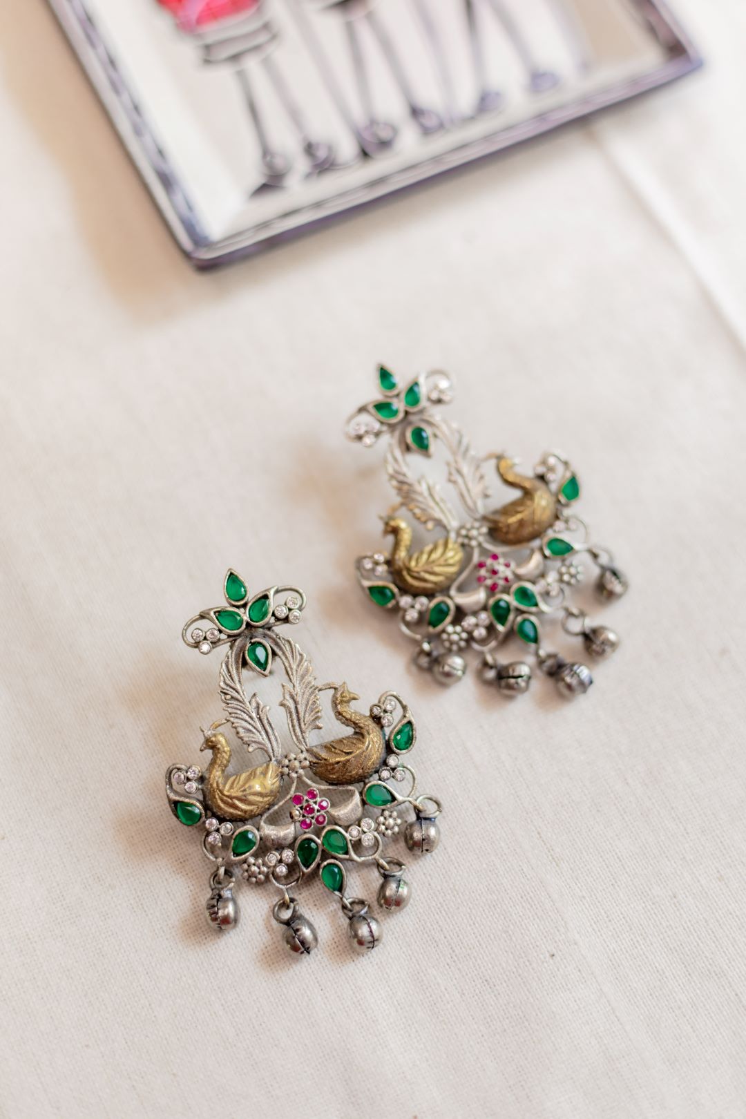 Dual Tone Twin Peacock Ghunghroo Earrings - 107B