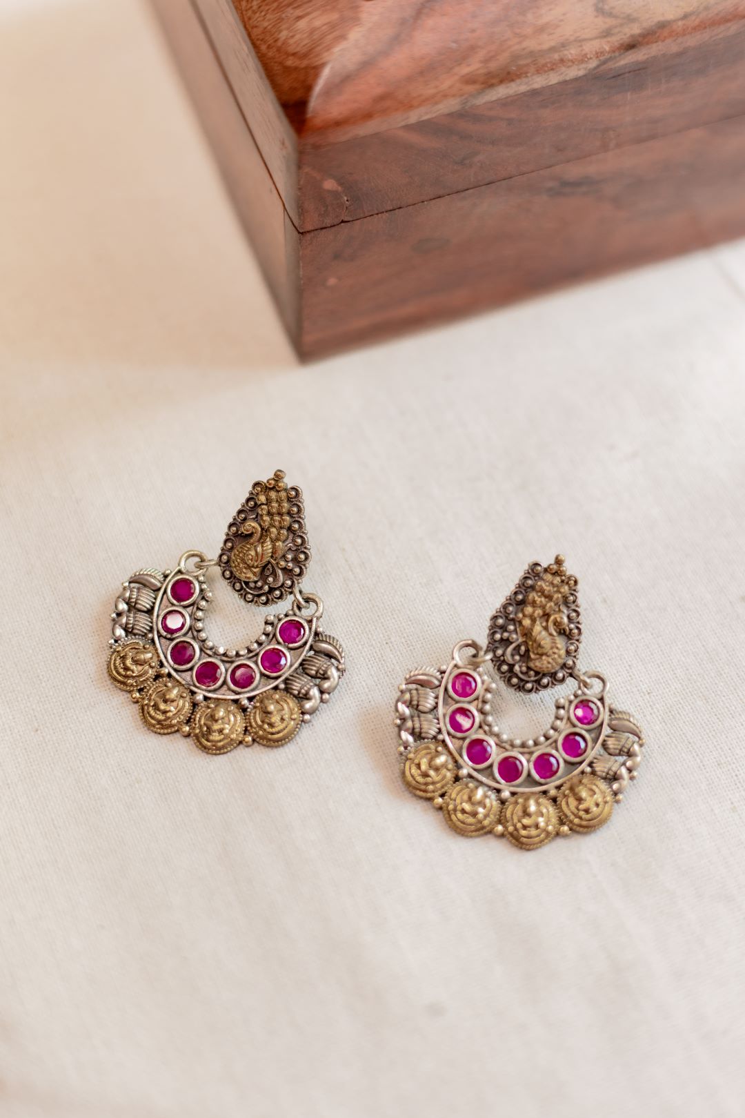 Dual Tone Peacock Stud & Lakshmi Coin Chandbali